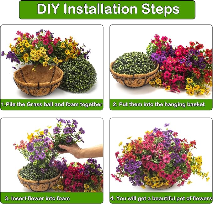2 Set Artificial Outdoor Flowers with Hanging Basket, 2 Hanging Planters with 24 Pcs Flowers for Spring Summer Front Porch Garden Patio Home Decor