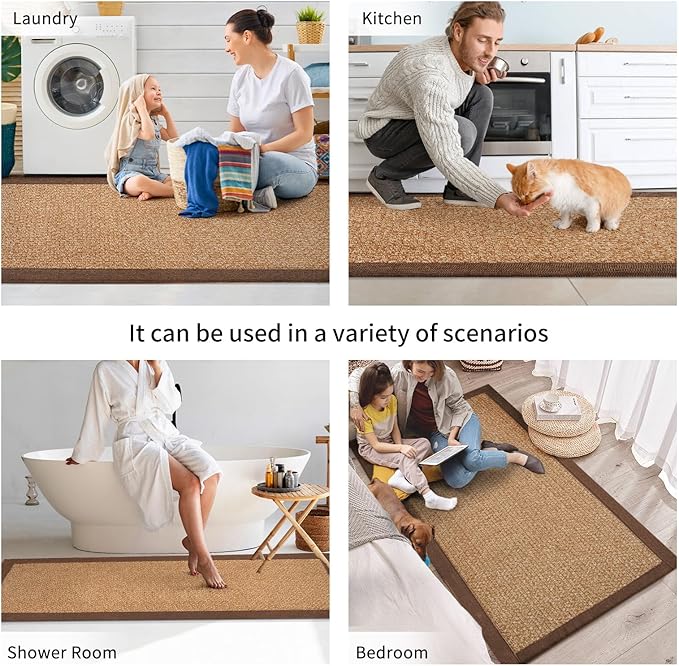 Kitchen Runner Rugs Non Slip Washable, Super Absorbent Kitchen Mats for Floor, Rubber Backing Jute-Like Braid Long Sink Mat Standing Floor Mat, Machine Washable, Brown 17"x59"
