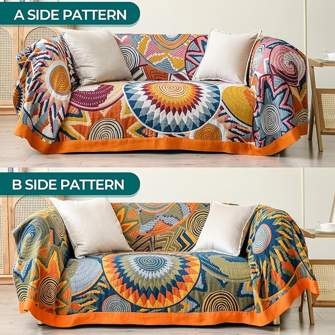 Boho Cotton Muslin Twin Size Bed Throws,100% Cotton Rustic 4 Layer Reversible Colorful Woven Blankets, Washable Breathable Mexican Decor Bed Blankets 60"×80" for Couch Sofa All Seasons