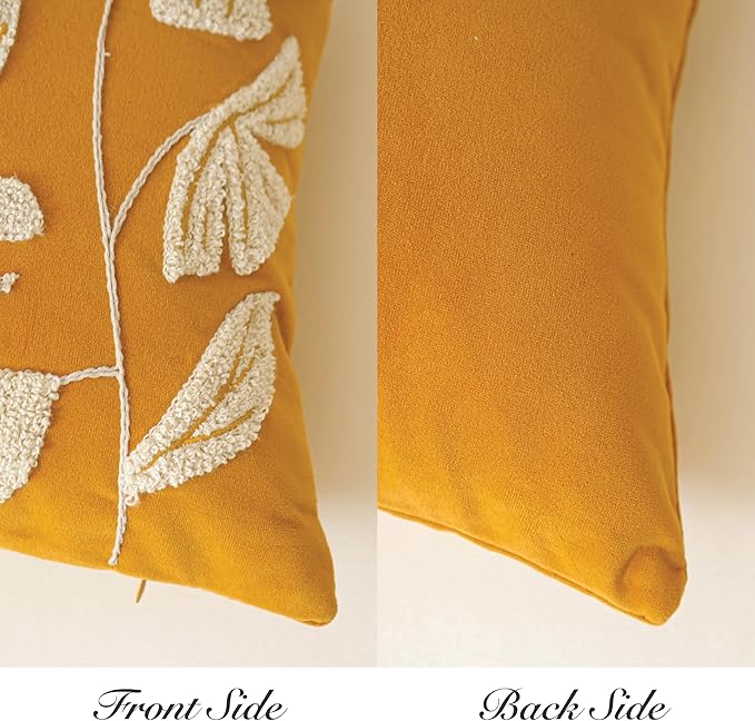 BlissBlush 14x36 Lumbar Pillow Cover for Bed, Yellow Mustard Rectangular Long Throw Pillowcase, Embroidered Velvet Floral Tufted Farmhouse Accent Cushion (Cover Only)