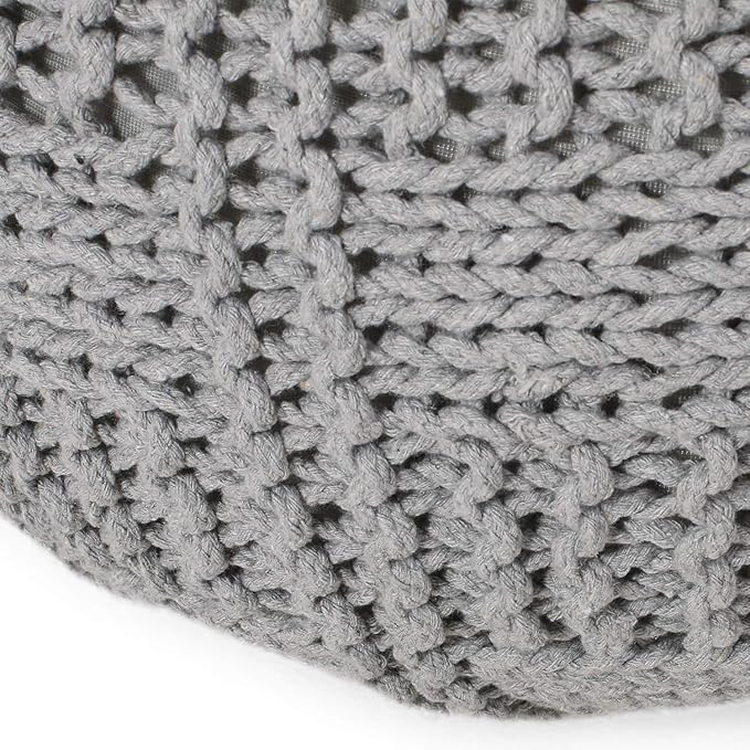 Handcrafted Knitted Cotton Round Pouf - 20x20, Modern Design, Soft and Comfortable, No Assembly, Home Decor, Knit Ottoman, Boho Floor Pouf for Living (Gray)