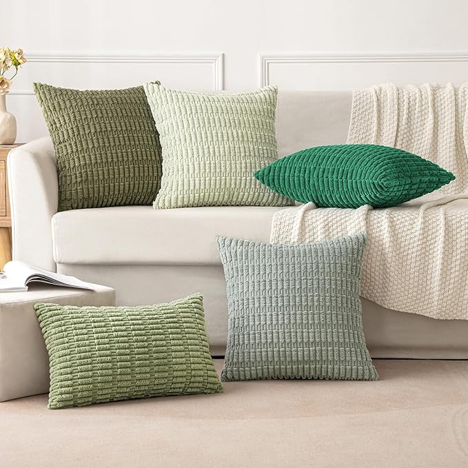 MIULEE Pack of 2 Green Corduroy Decorative Pillow Covers 20x20 Inch Soft Boho Striped Throw Pillow Covers Modern Farmhouse Home Decor for Sofa Living Room Couch Bed