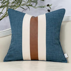 Yangest Patchwork Pillow Cover 18x18 Inch Luxury Cotton and Linen Cushion Cover Faux Leather Pillowcover for Couch Bedroom Living Room, Blue