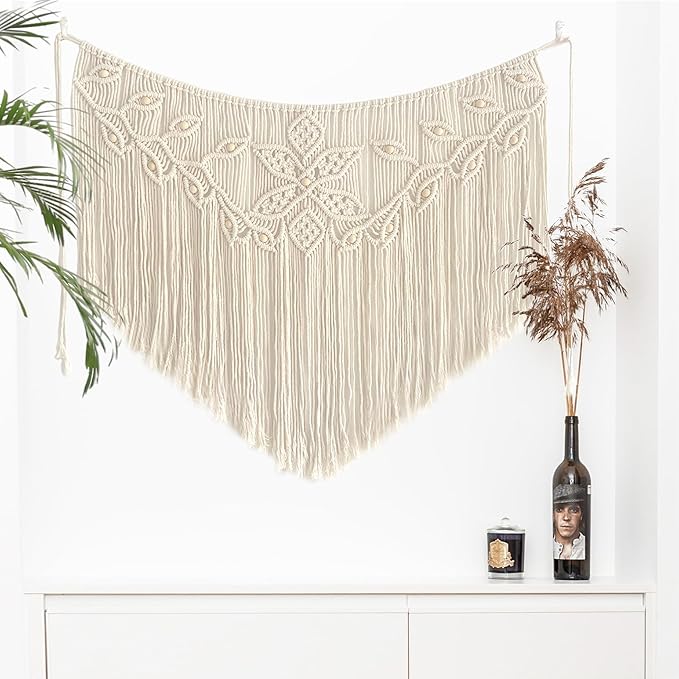 Youngeast Home Decor Leaf Shape Macrame Wall Hanging Woven Tapestry Bedroom Curtain Fringe Garland Banner Living Room Wall Decor Beige 39X31 inches