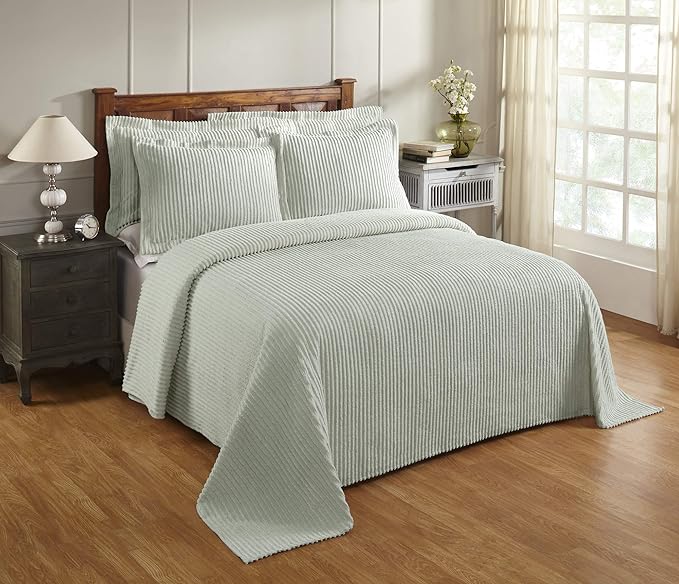 Better Trends Chenille Bedspreads Queen Size, Sage 100% Cotton Chenille Stripe Design Tufted Bedding Coverlet Soft Lightweight, 102"x110" with 2 Sham 3 Pieces Set Jullian Collection