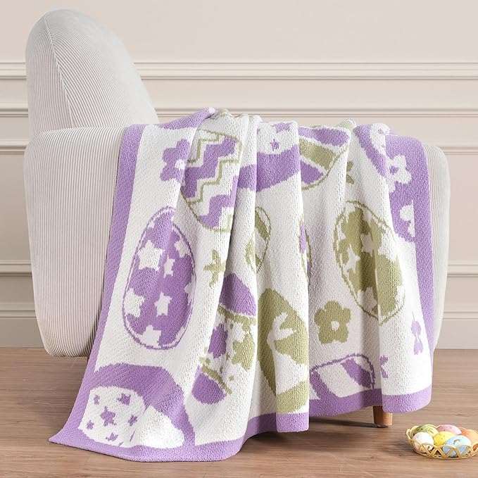 Amélie Home Easter Bunny and Eggs Chenille Knit Throw Blanket for Couch, Cozy Soft Spring Themed Blankets for Sofa, Bed, Gift, 50"x60", Purple/Green