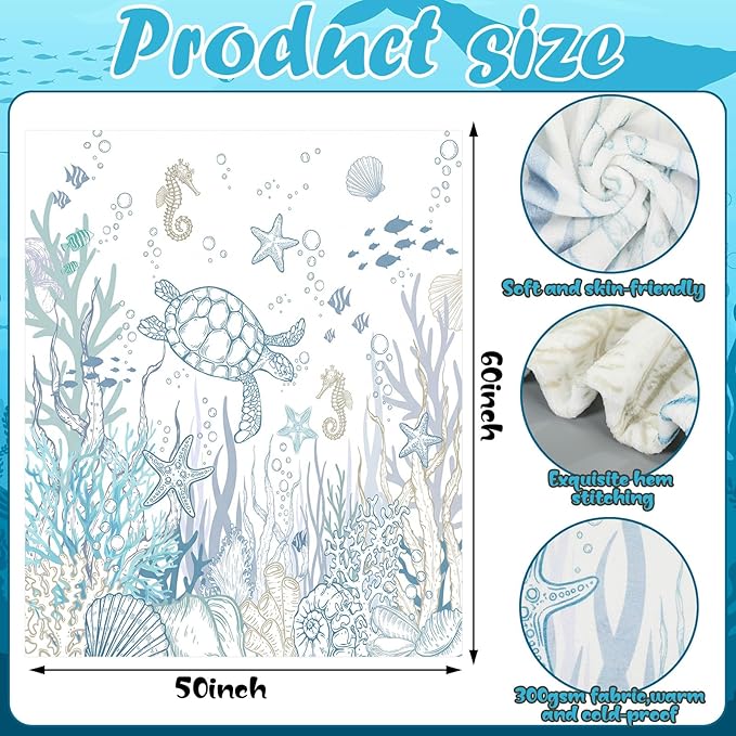 Coastal Sea Turtle Throw Blanket Nautical Beach Fleece Blanket Blue White Ocean Blankets for Couch Bed Tropical Cozy Soft Throw Decoration Warm Gift for Summer, 50 x 60 Inches