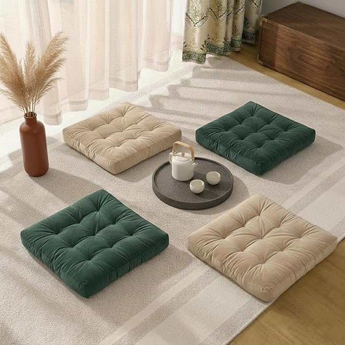 Floor Pillow for Sitting, Large Velvet Floor Seating Cushion for Adults, Tufted Big Pillow for Meditation, Yoga & Living Room, Machine Washable, 22x22 Inch, Green