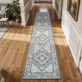 Lessymo 2 x 10 Long Runner Rug for Hallway, Washable Entryway Rugs Boho Faux Wool Low Pile Rug for Kitchen, Floral Medallion Vintage Rugs with Non-Slip Rubber, Grey Beige