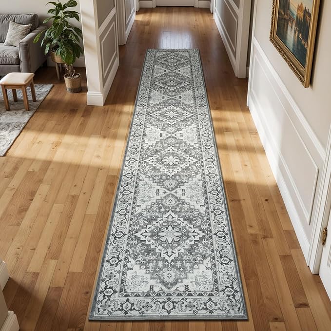 Lessymo 2 x 10 Long Runner Rug for Hallway, Washable Entryway Rugs Boho Faux Wool Low Pile Rug for Kitchen, Floral Medallion Vintage Rugs with Non-Slip Rubber, Grey Beige