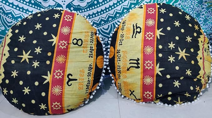 CRAFT KALA Mandala Floor Pillow Cushion Cover Seating Throw Cover Hippie Decorative Bohemian Ottoman Poufs Pom Pom Pillow Cases Indian Cotton Living Room Home Décor 24" Round Set of 2, Yellow Zodiac