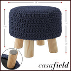 Casafield Pouf Ottoman Footstool, 13" Round x 11" High, Hand-Knitted Cotton Footrest, Non-Skid Wood Legs, Boho Foot Stool for Living Room, Bedroom (Navy Blue)