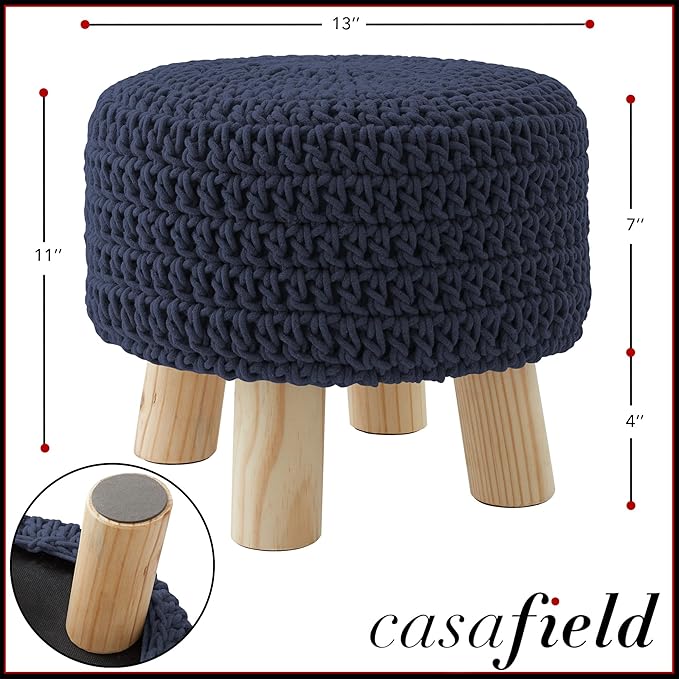 Casafield Pouf Ottoman Footstool, 13" Round x 11" High, Hand-Knitted Cotton Footrest, Non-Skid Wood Legs, Boho Foot Stool for Living Room, Bedroom (Navy Blue)