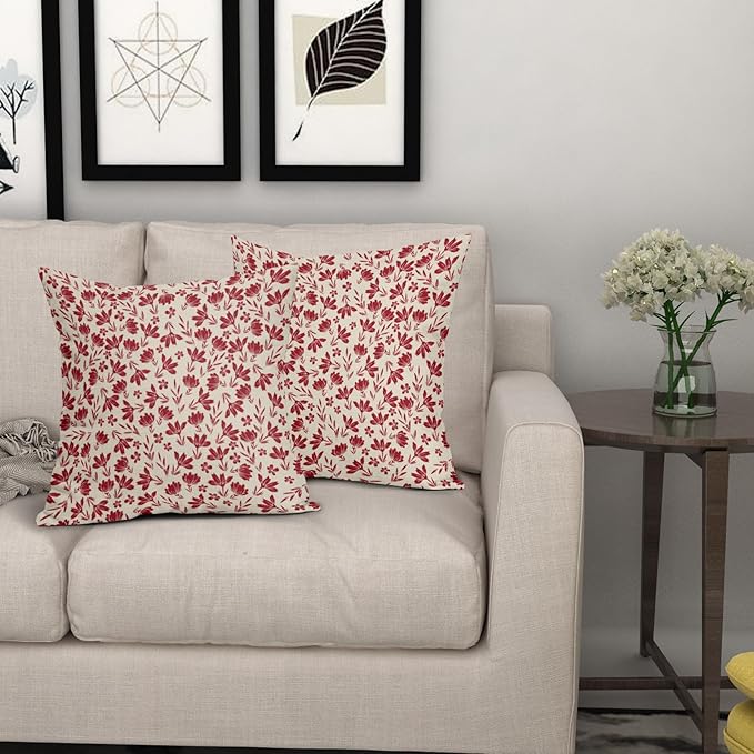 Red Floral Pillow Covers 20x20 Set of 2 Vintage Rustic Old Style Cute Small Flower Red Cream Print Decorative Outdoor Pillowcases Farmhouse Throw Cushion Case Decor for Couch Sofa Bed