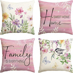 AVOIN colorlife Spring Saying Flowers Butterfly Pink Throw Pillow Covers, 20 x 20 Inch Home Sweet Home Cushion Case for Sofa Couch Set of 4