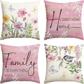 AVOIN colorlife Spring Saying Flowers Butterfly Pink Throw Pillow Covers, 16 x 16 Inch Home Sweet Home Cushion Case for Sofa Couch Set of 4