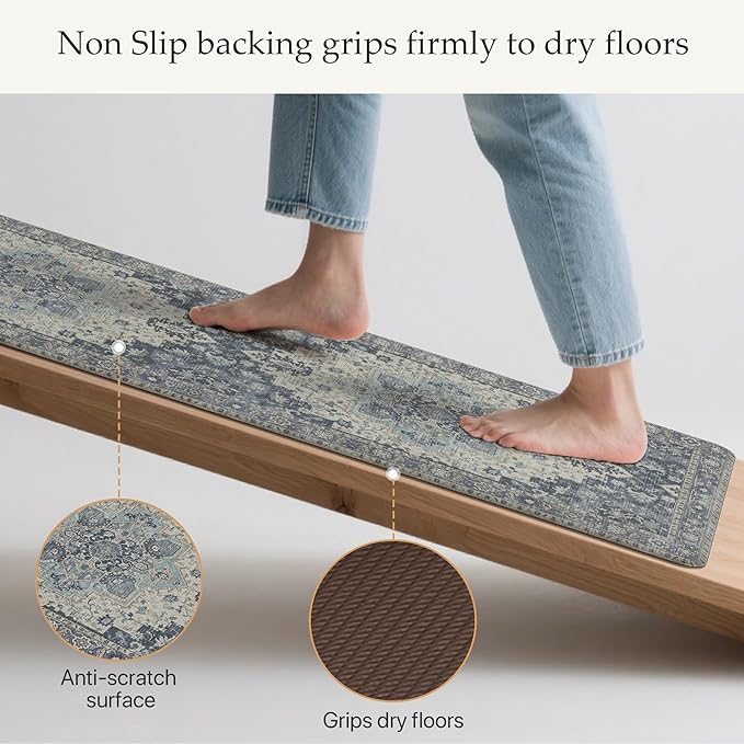 GENIMO Kitchen Mats for Floor 2PCs, Washable Anti Fatigue Mat for Cushioned, 17.3"x47"+17.3"x30", Waterproof Kitchen Rugs, Non Slip Comfort Standing Mat Rug for Home, Sink, Laundry, Center Blue