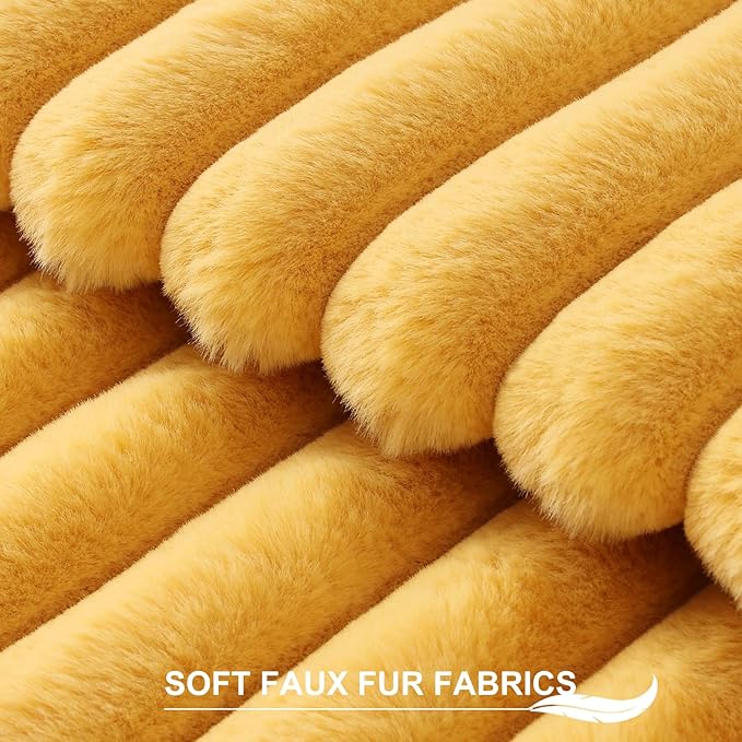 Pallene Faux Fur Plush Throw Pillow Covers 22x22 Set of 2, Luxury Soft Fluffy Striped Decorative Pillow Covers for Sofa, Couch, Living Room, Mustard Yellow