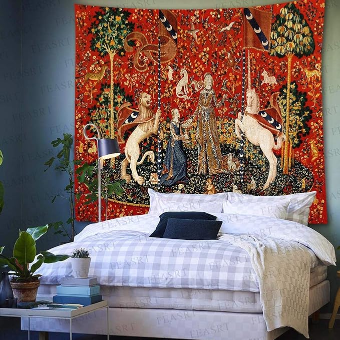 FEASRT European Medieval Royal Tapestry - Maiden and Unicorn, 90x84 Inches Soft Flannelette, for Decorative Wall Art Collection