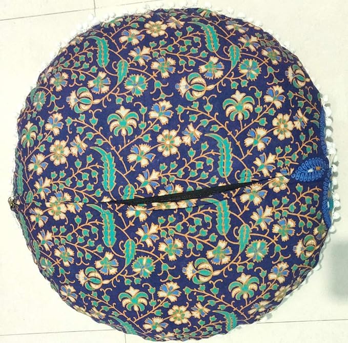 CRAFT KALA Mandala Floor Pillow Cushion Cover Seating Throw Cover Hippie Decorative Bohemian Ottoman Poufs Pom Pom Pillow Cases Boho Indian Cotton Living Room Home Décor 24" Round Set Of 2 Blue Mirchi