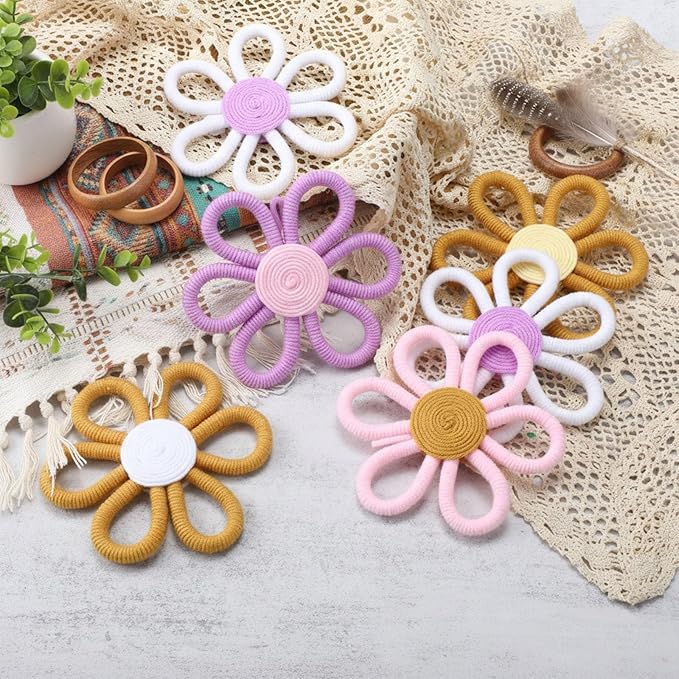 Ripeng 6 Pcs Boho Nursery Decor Flower Daisy Wall Art 6 Inch Woven Macrame Wall Hanging Bohemian Flower Decor Daisy Nursery for Baby Girls Kids Home Bedroom(Vintage Color)