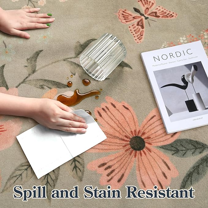 Lahome Floral Washable Rugs for Bedroom, 4X6 Area Rug Ultra-Thin Soft Living Room Rug, Non-Slip Classroom Stain Resistant Lightweight Boho Low-Pile Throw Carpet for ‎Office Flore, Brown
