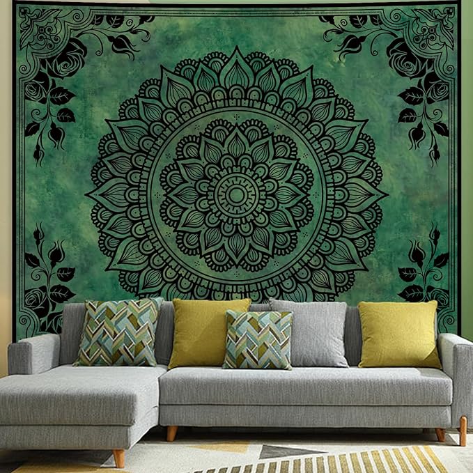 Apdidl Extra Large Green Boho Mandala Tapestry for Bedroom Aesthetic, Hippie Indian Vintage Floral Decor Wall Hanging, Bohemian Ceiling Flower Plants Art Backdrop Wall Tapestries for Dorm Living Room 71"X90"