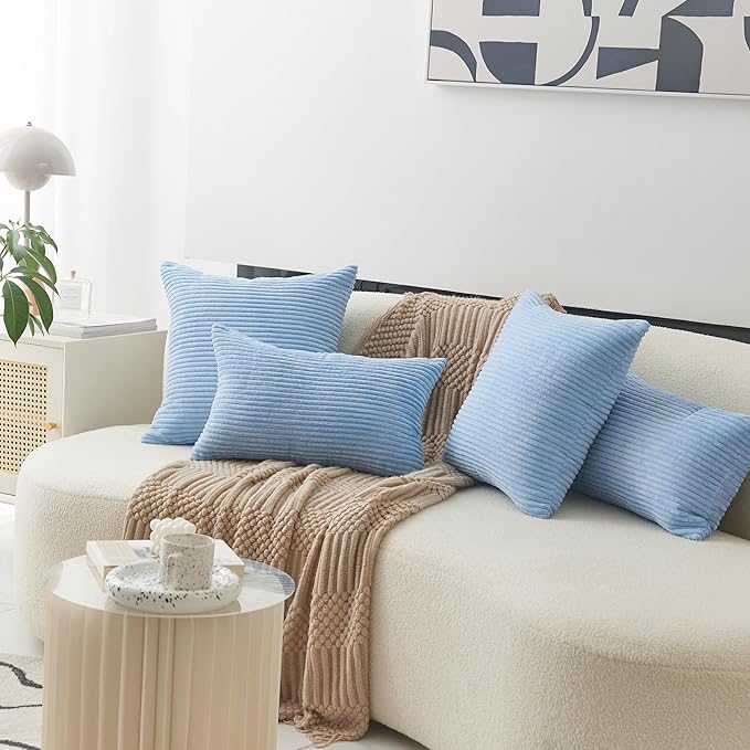 Home Brilliant Blue Throw Pillow Covers Striped Velvet Couch Pillow Cushion Covers Set of 2 Large Pillows Covers for Couch Bench Sofa Bedroom, 55 x 55cm, 22 x 22 Inch, Baby Boy Blue