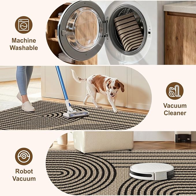 Outdoor Rug 5x7 Rugs for Living Room Washable Non-Slip Easy Jute Rug Indoor Outdoor Low Pile Ultra-Thin Area Rug Black Rainbow Carpet for Dining Room Bedroom Patio Office Dorm Nursery Floor Mats