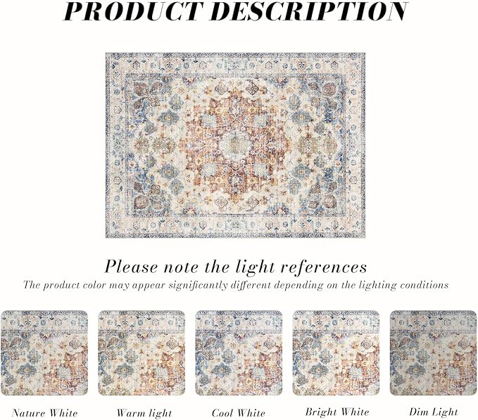 Area Rug 6×9, Large Vintage Boho Rug,Ultra-Soft Low Pile, Washable, Non Slip,Stain Resistant, Printed Carpet for Living Room Bedrooms Playroom Office Kitchen, Blue/Red