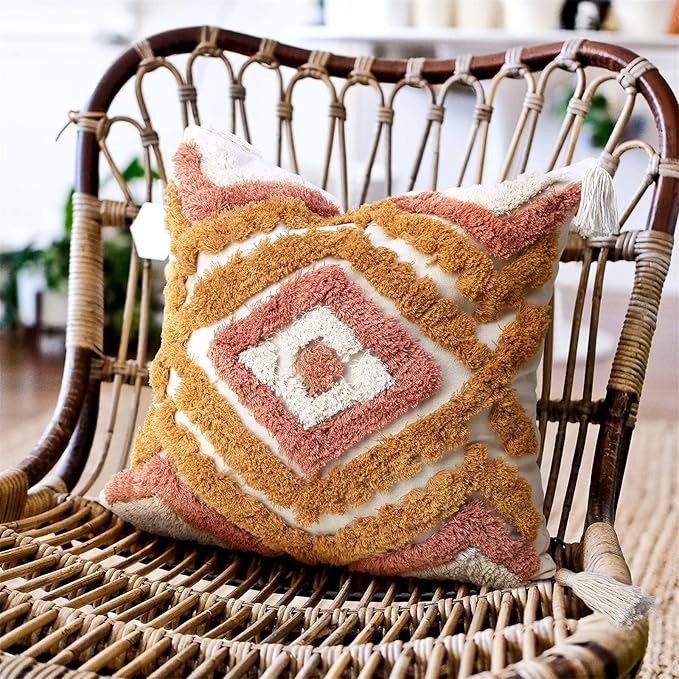 Merrycolor Boho Throw Pillow Covers 20x20 with Tassels, Decorative Pillow Covers Woven Tufted Bohemian Pillow Covers for Couch Sofa Bedroom Living Room