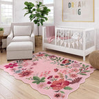 Lahome Floral Washable Rugs, 4X6 Pink Rugs for Bedroom Girls Ultra-Thin Soft Living Room Rug, Non-Slip Stain Resistant Boho Low-Pile Throw Carpet for ‎Nursery Office Flore (4x6ft, Pink)