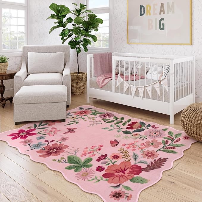 Lahome Floral Washable Rugs, 4X6 Pink Rugs for Bedroom Girls Ultra-Thin Soft Living Room Rug, Non-Slip Stain Resistant Boho Low-Pile Throw Carpet for ‎Nursery Office Flore (4x6ft, Pink)