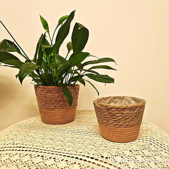 3PCS Plant Basket Indoor with Plastic Liner Water Hyacinth Woven Planters Flower Baskets Holder Liners Home Decor