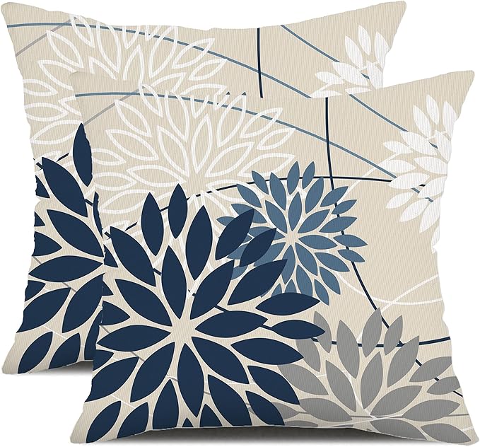 Blue and Gray Floral Pillow Covers 18x18 Set of 2 Outdoor Waterproof White Colored Decorative Throw Pillows Summer Pillowcase Polyester Cushion Case Decor for Couch Patio Funiture Garden Porch 01B18