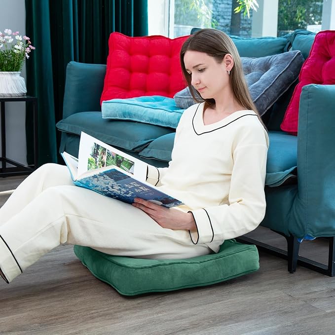 Floor Pillow Set of 2, Memory Foam Meditation Cushion, Floor Cushions for Adults Sitting, Large Square Seat Cushions for Yoga, Living Room, 22x22 Inch (Green)