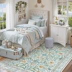Lahome Sylvie Blue 5x7 Area Rugs for Living Room, Boho Floral Washable Girls Bedroom Rug, Soft Retro Non-Slip Kids Nursery Carpet for Playroom Apartment Decor