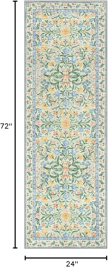 Lahome Sylvie Washable Runner Rug 2x6, Boho Bathroom Rug Runner, Vintage Floral Soft Thin Indoor Throw Carpet for Entryway Bedroom Hallway Bath Laundry Room, Green/Multi