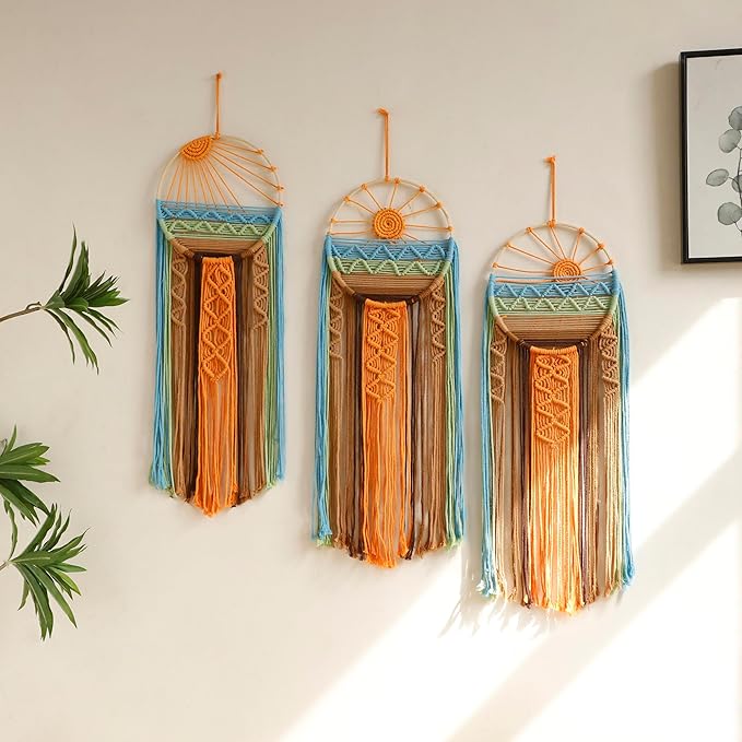 Artilady 3 Pack Macrame Wall Hanging Tapestry Sunrise Sunset Wall Art Set, Hand Woven Boho Tapestries Colorful Sun Wall Decor for Bedroom Living Room Apartment (3 Pcs)