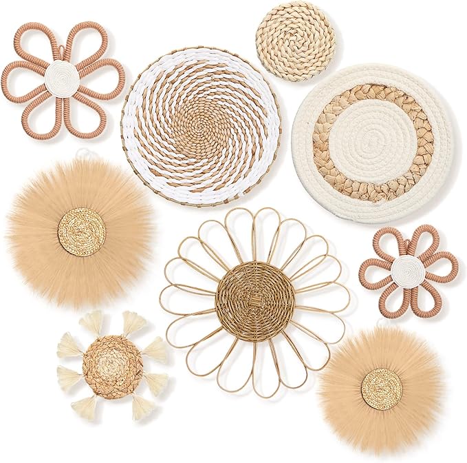 Chunful 9 Pcs Boho Nursery Wall Decor Daisy Flower Woven Macrame Seagrass Rattan Basket Wall Hanging Bohemian Decorations Gifts for Home Dorm Art Farmhouse Bedrooms Living Room (Boho)