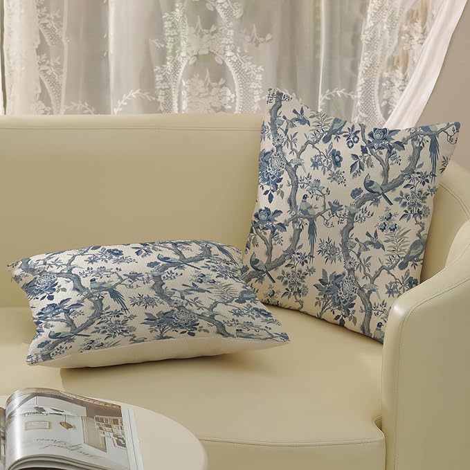 Chinoiserie Floral Birds Pillow Covers 18x18 Set of 2 Blue and Cream Spring Flower Decoratiove Pillowcase Vintage Outdoor Decor Throw Pillows for Couch Farmhouse Cushion Case for Home Sofa