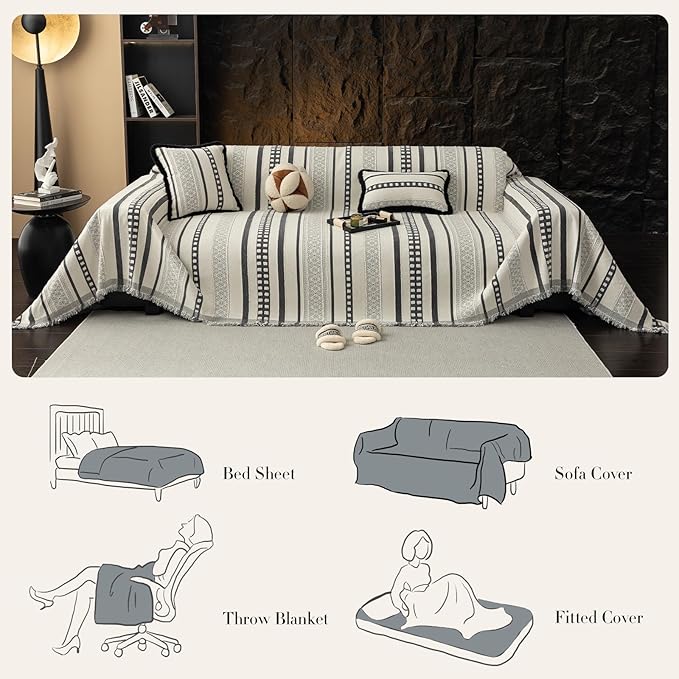 Striped Couch Cover Blankets, Boho Couch Covers, Sofa Blanket Cover for Dogs, Large Couch Covers for 3-4 Cusion Sofa, Chenille Sofas Covers Washable Sectional(1pc/Light Grey/71 x 150)