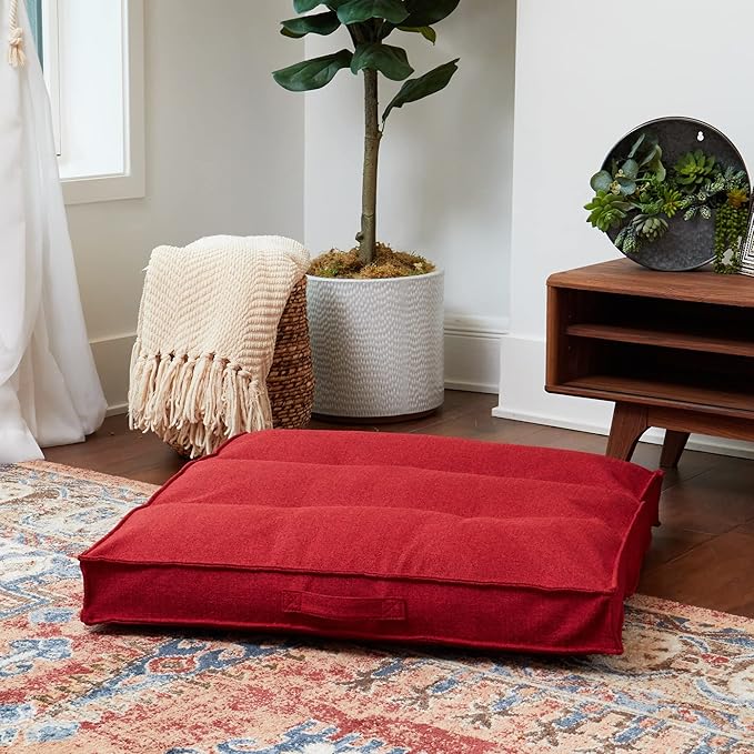 Square Tufted Floor Pillow with Removable Cover, Scarlet, Medium (32")