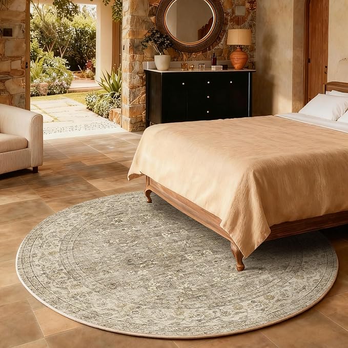 4x4 Round Bedroom Rug Washable: Living Room Rug Stain Resistant Non Slip Low Pile Small Area Rugs for Bedroom Kitchen Entryway Living Room Bedside Office Dorm Kids Room Entrance