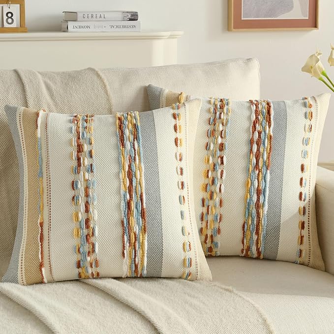 FUTEI Rust Blue Yellow Decorative Throw Pillow Covers 20x20 Inch Set of 2, Soft Tufted Striped Textured Accent Cushion Case,Boho Pillows for Couch Decor