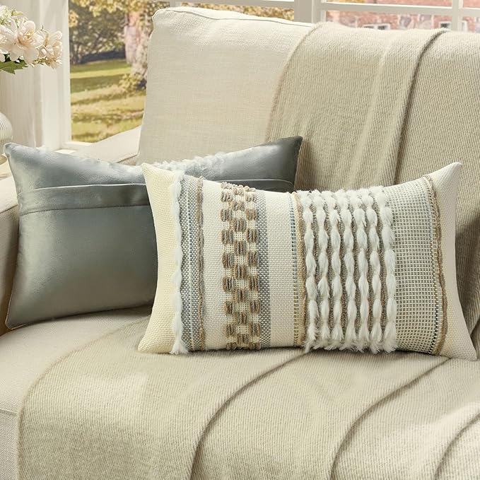 FUTEI Brown Grey Accent Throw Pillow Covers Set of 2, 12x20 Inch Plush Tufted Striped Textured Decorative Pillow Cases for Farmhouse Boho Couch Decor