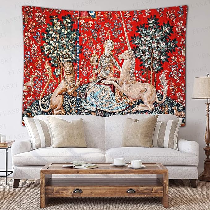 FEASRT Medieval Maiden and Unicorn Tapestry European Royal Tapestry Lion Tapestry, 60x40 Inches Soft Flannelette, Lady and Unicorn for Living Room Bedroom Dorm