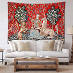FEASRT Medieval Maiden and Unicorn Tapestry European Royal Tapestry Lion Tapestry, 60x40 Inches Soft Flannelette, Lady and Unicorn for Living Room Bedroom Dorm