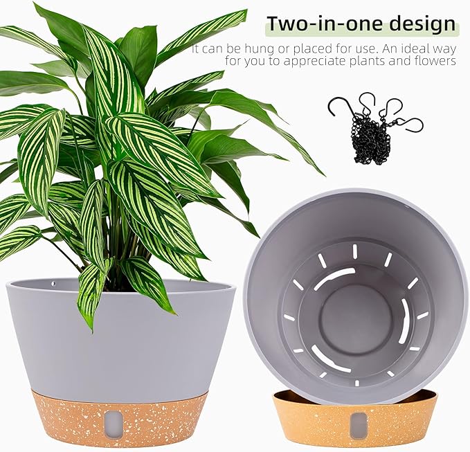 QCQHDU 2 Pack 10 Inch Hanging Planters for Indoor Outdoor Plants, Hanging Baskets Flower Pots with Reservoir Tray & Visible Water-Level