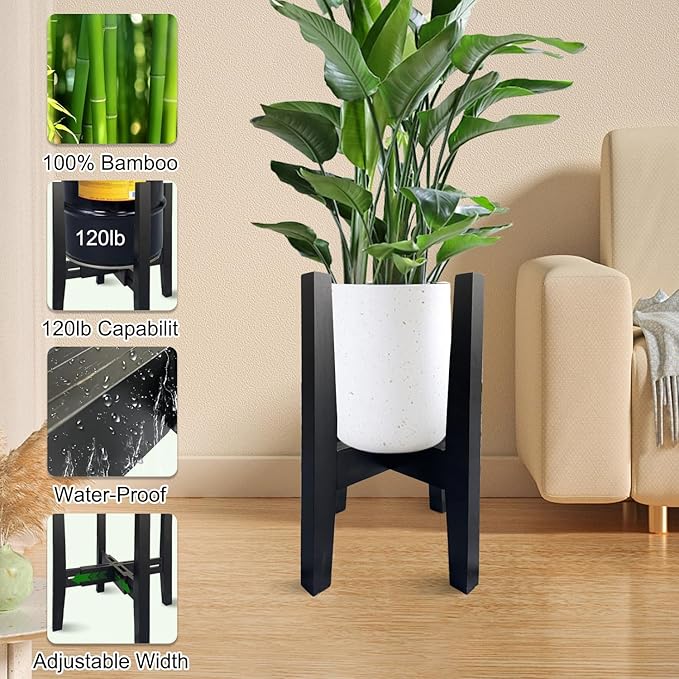 Adjustable Plant Stand Indoor Bamboo Mid Century Modern Plants Stand Corner Plants Flower Holders Single Floor Plant Stands- 8.2-11.8 in (Pot & Plant Not Included) (Black, （8.2-11.8in）)